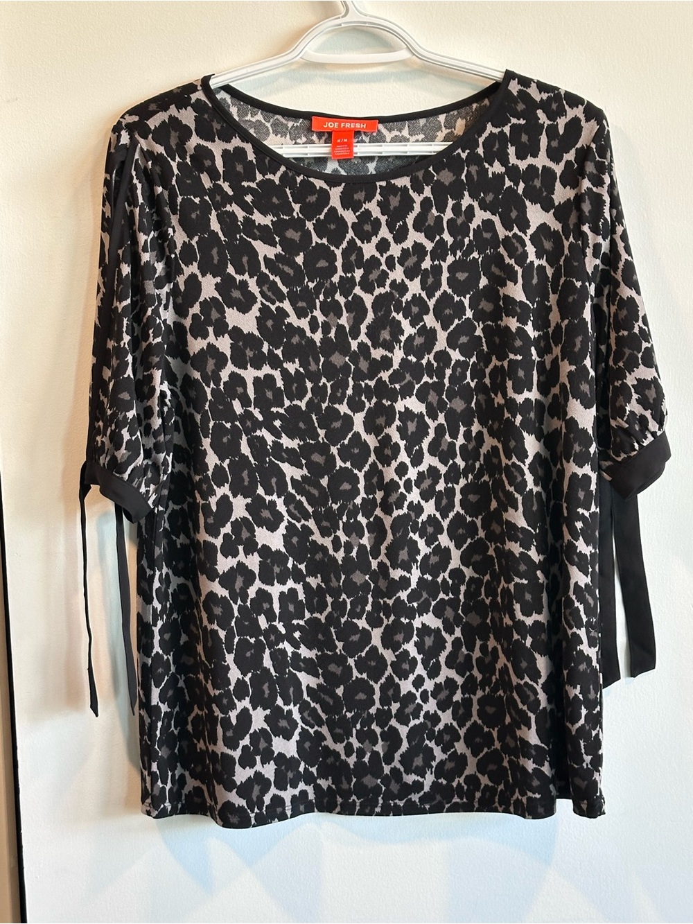 Joe Fresh Black and Gray Leopard-Print Tie-Sleeve Blouse